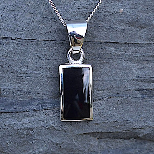 Hand crafted sterling silver Whitby Jet rectangular pendant necklace