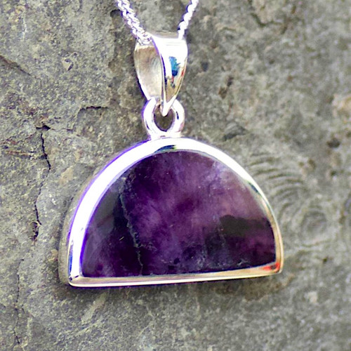 Semi circular Derbyshire blue john and sterling silver pendant necklace