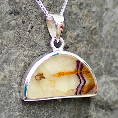 Hand crafted natural multi coloured Blue John and 925 silver semi circular necklace