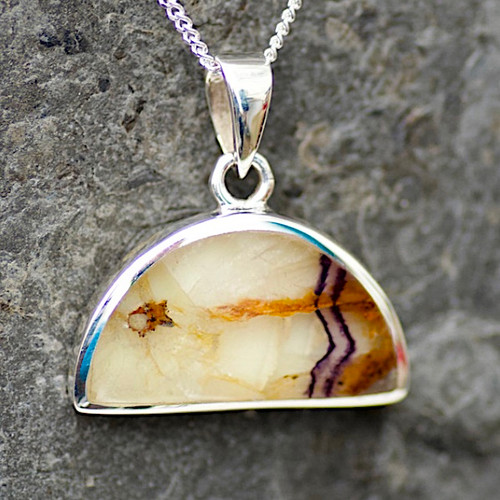 Hand crafted natural multi coloured Blue John and 925 silver semi circular necklace