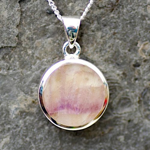 Hand crafted round Derbyshire blue john and 925 sterling silver pendant necklace