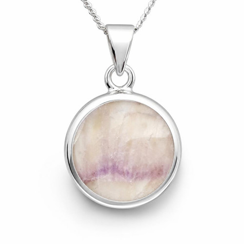 Hand crafted round Derbyshire blue john and 925 sterling silver pendant necklace