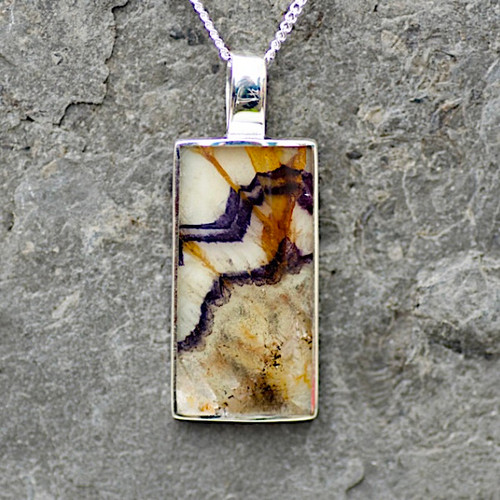 Hand crafted unique rectangular Blue John and 925 silver necklace