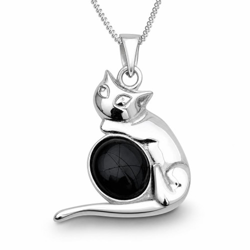 Whitby Jet and sterling silver cat pendant necklace with oval stone