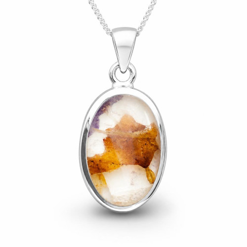 Unique Derbyshire blue john and sterling silver oval stone pendant with solid silver reverse