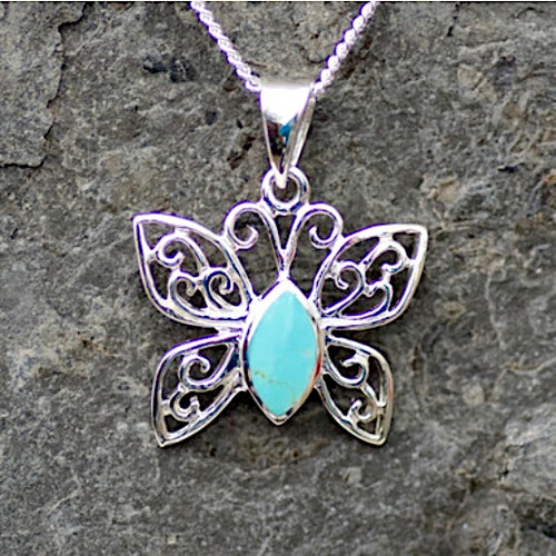 Hand crafted Kingman blue turquoise and sterling silver butterfly pendant with marquise cut stone