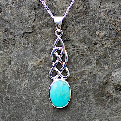 Oval stone Kingman blue turquoise and sterling silver Celtic pendant necklace