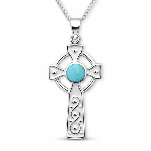 Large hand crafted Kingman blue turquoise sterling silver Celtic cross pendant necklace