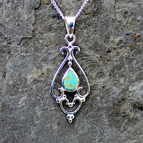 Hand crafted sterling silver blue Kingman turquoise filigree teardrop pendant necklace