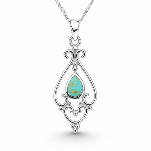 Hand crafted sterling silver blue Kingman turquoise filigree teardrop pendant necklace