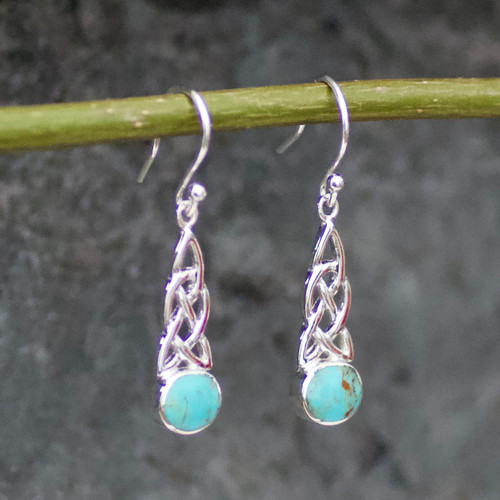 Handcrafted Celtic Kingman turquoise and sterling silver round stone drop earrings