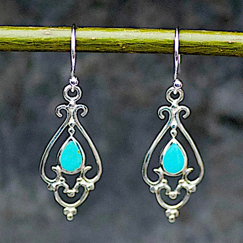 Handmade turquoise and 925 silver fancy drop earrings