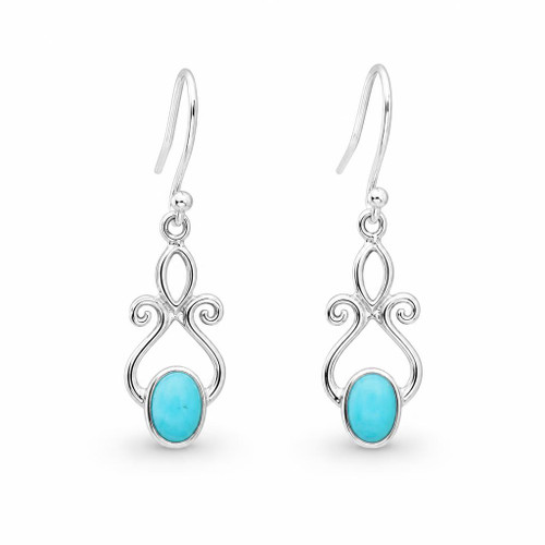 Fancy handmade Kingman blue turquoise 925 sterling silver scroll drop earrings