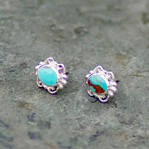 Hand crafted sterling silver blue Kingman turquoise beaded oval stud earrings