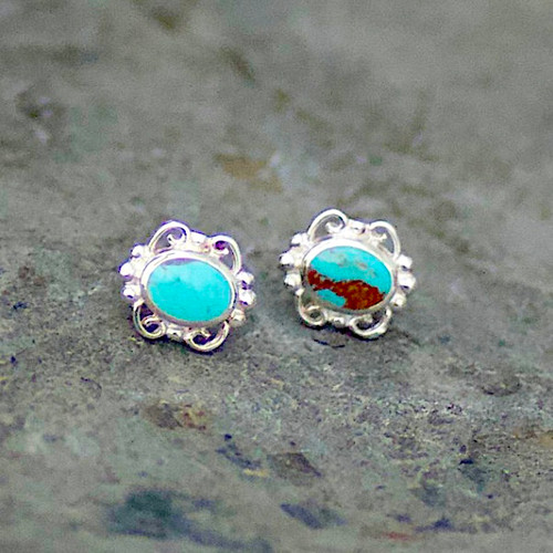 Hand crafted sterling silver blue Kingman turquoise beaded oval stud earrings