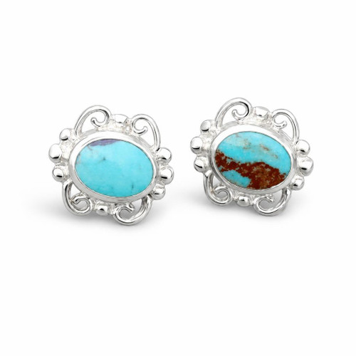 Hand crafted sterling silver blue Kingman turquoise beaded oval stud earrings