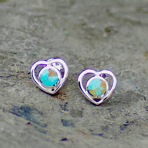 Blue Kingman turquoise and sterling silver open heart stud earrings