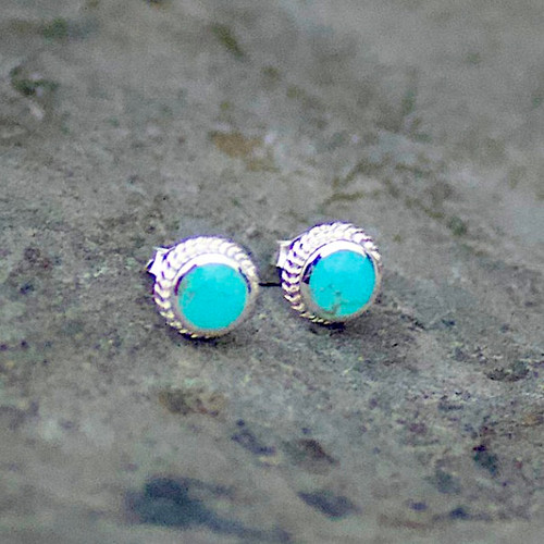 Blue Kingman turquoise and sterling silver round rope edge stud earrings