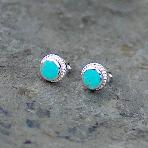 Blue Kingman turquoise and sterling silver round rope edge stud earrings