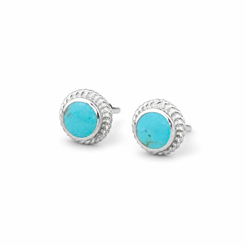 Blue Kingman turquoise and sterling silver round rope edge stud earrings