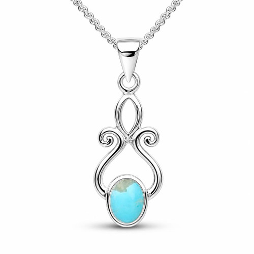 Handmade blue Kingman turquoise sterling silver scroll oval stone pendant necklace 