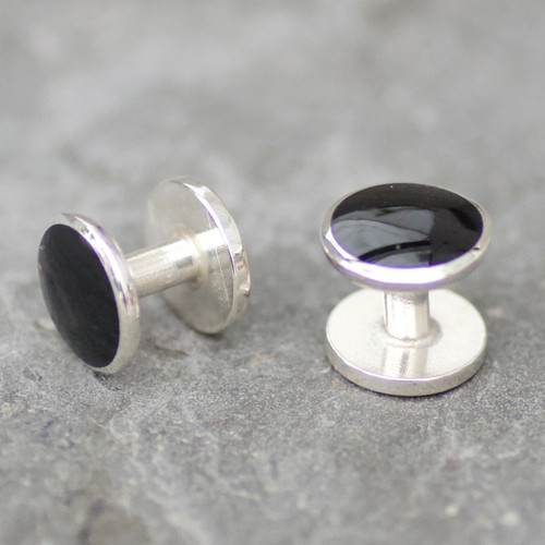 Handmade Whitby Jet and sterling silver gents circular Shirt Studs