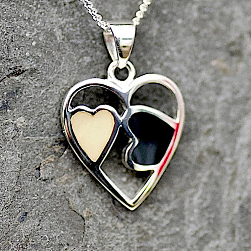 Hand crafted Whitby Jet Baltic Butterscotch Amber sterling silver two hearts pendant