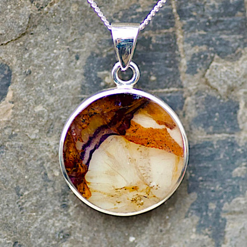 Large round Derbyshire blue john and sterling silver pendant