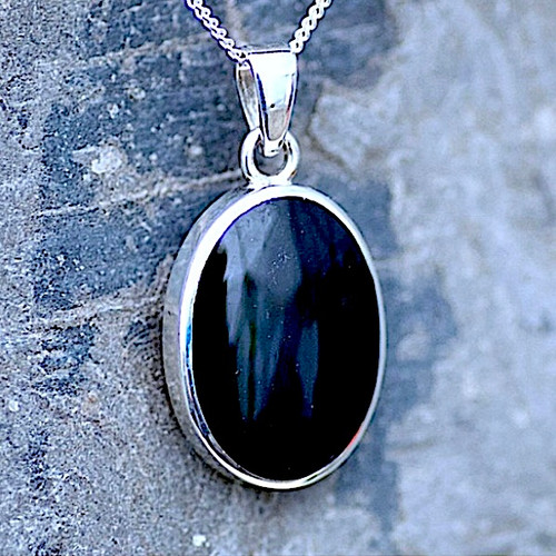Hand crafted large Blue John and Jet double sided pendant on sterling silver chain