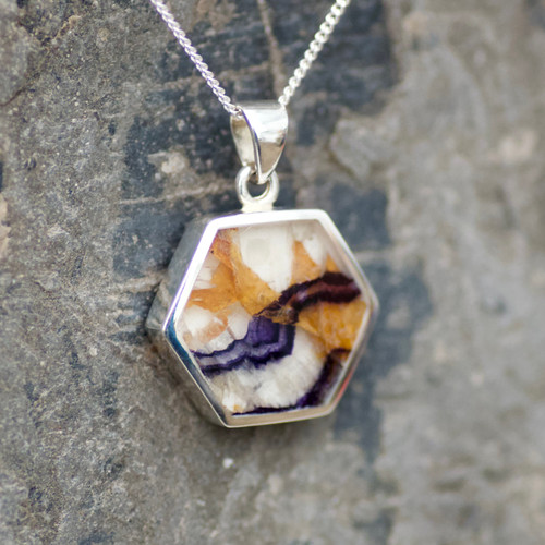Blue John and 925 silver hexagon pendant on a sterling silver chain
