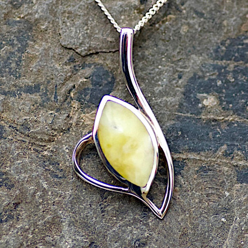 Hand crafted yellow Connemara Marble sterling silver marquise pendant necklace