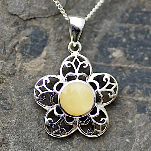 Hand crafted butterscotch amber and 925 sterling silver floral necklace