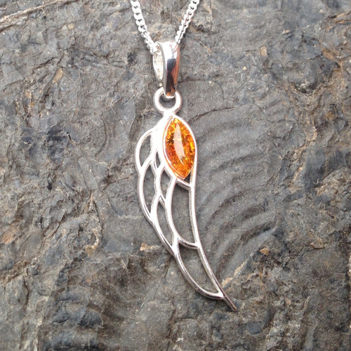 Cognac amber and 925 sterling silver angel wing pendant