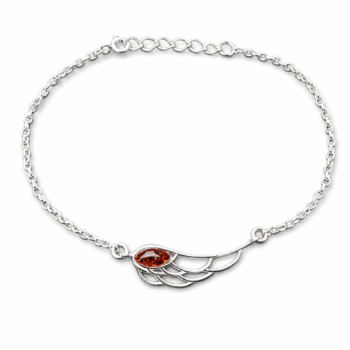 Cognac Baltic amber and 925 sterling silver angel wing charm bracelet