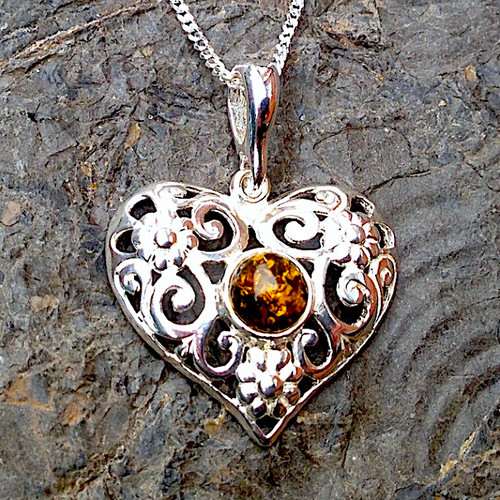 Baltic Cognac amber and sterling silver filigree heart pendant necklace