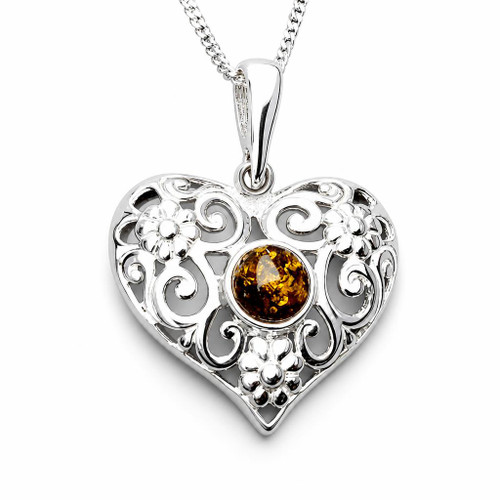 Baltic Cognac amber and sterling silver filigree heart pendant necklace