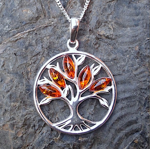 Large Baltic Cognac amber and sterling silver multi stone tree of life pendant necklace