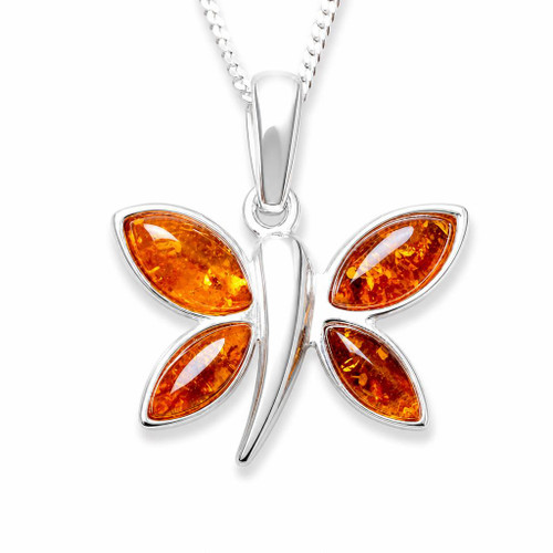 Baltic cognac amber sterling silver marquise multi stone butterfly pendant necklace