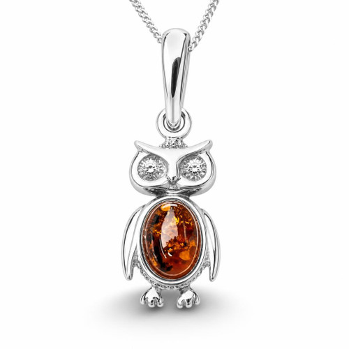 Natural Baltic Cognac amber and 925 sterling silver owl pendant necklace