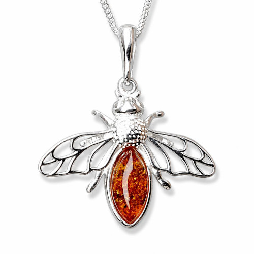 Natural marquise Baltic cognac amber and 925 sterling silver bee pendant necklace