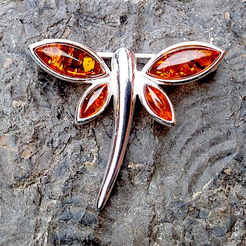 Baltic Cognac amber and 925 sterling silver multi stone dragonfly horizontal pin brooch