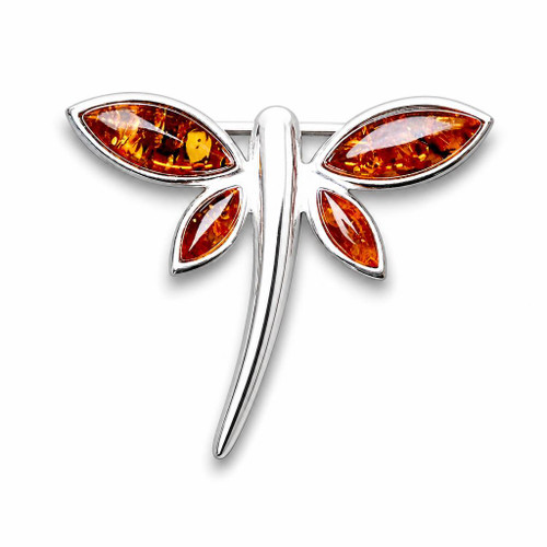 Baltic Cognac amber and 925 sterling silver multi stone dragonfly horizontal pin brooch