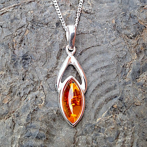Baltic cognac amber sterling silver marquise wishbone pendant necklace