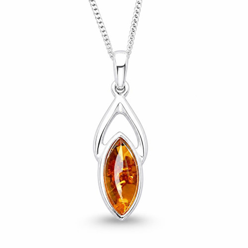 Baltic cognac amber sterling silver marquise wishbone pendant necklace