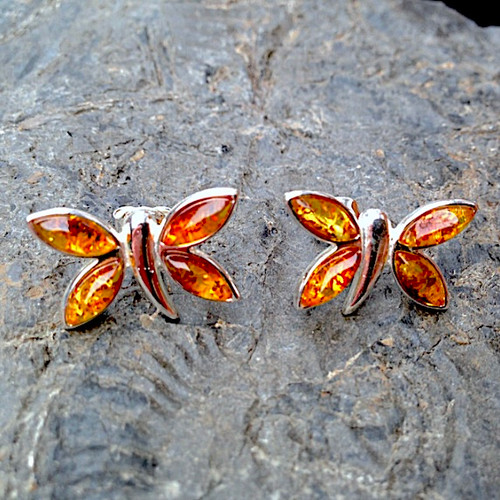 Large Baltic Cognac amber sterling silver butterfly multi stone stud earrings