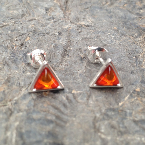 Cognac amber and sterling silver triangle stud earrings