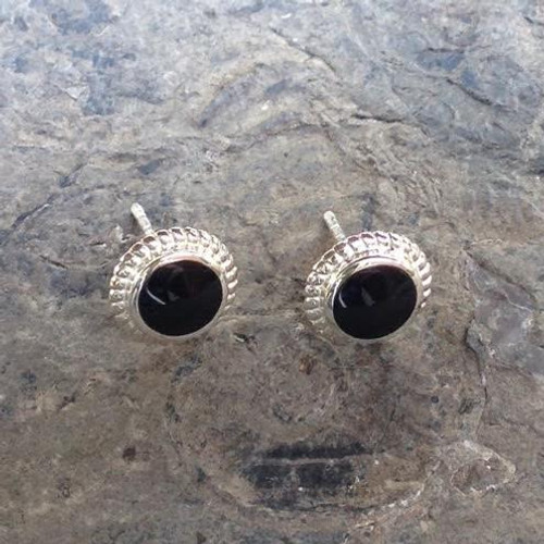 Large round sterling silver and Whitby Jet rope edge ear studs