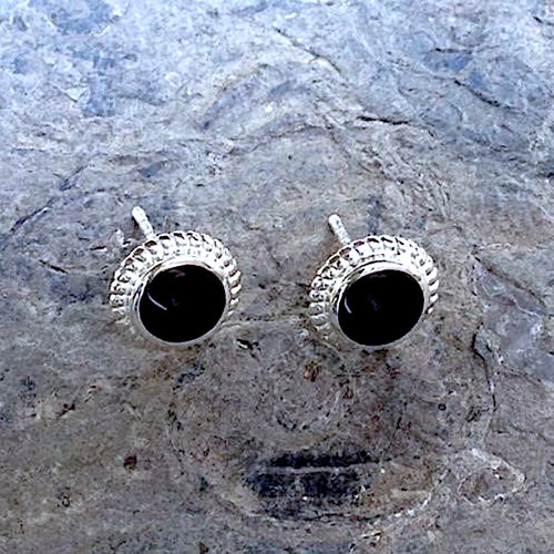Large round sterling silver and Whitby Jet rope edge ear studs