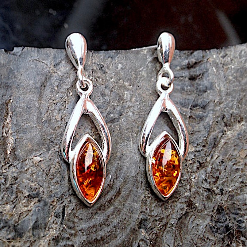 Baltic cognac amber and sterling silver marquise wishbone drop earrings