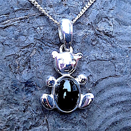 Hand crafted Whitby Jet and sterling silver teddy bear pendant necklace